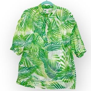 Diane von Furstenberg tunic, thin cotton beach cover, green leaves print, sz 10